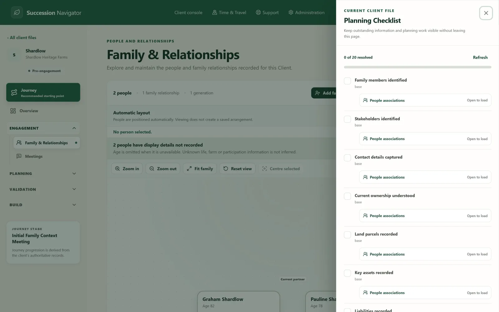Shardlow planning checklist screen in Succession Navigator — Keep outstanding work available on every client screen. Illustrative demonstration data.
