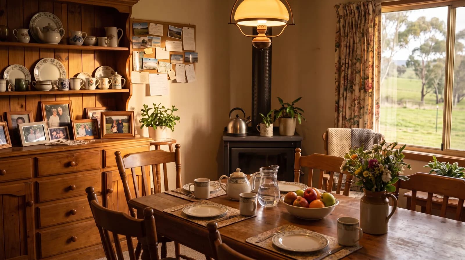 The same farmhouse kitchen, now empty, with the table set for a family meal and one chair turned out from it.
