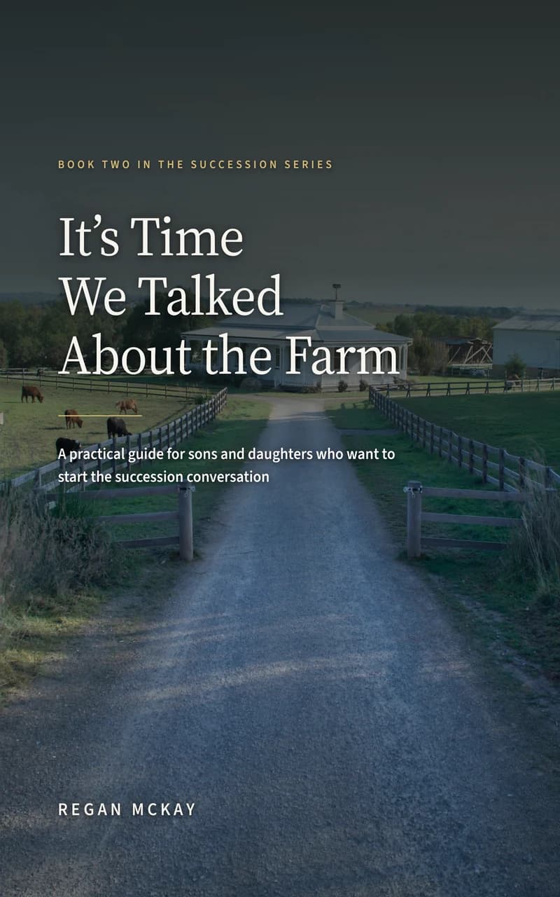 The cover of It's Time We Talked About the Farm by Regan McKay: a gravel drive running up to a farmhouse at dusk, with cattle grazing beyond the fence.