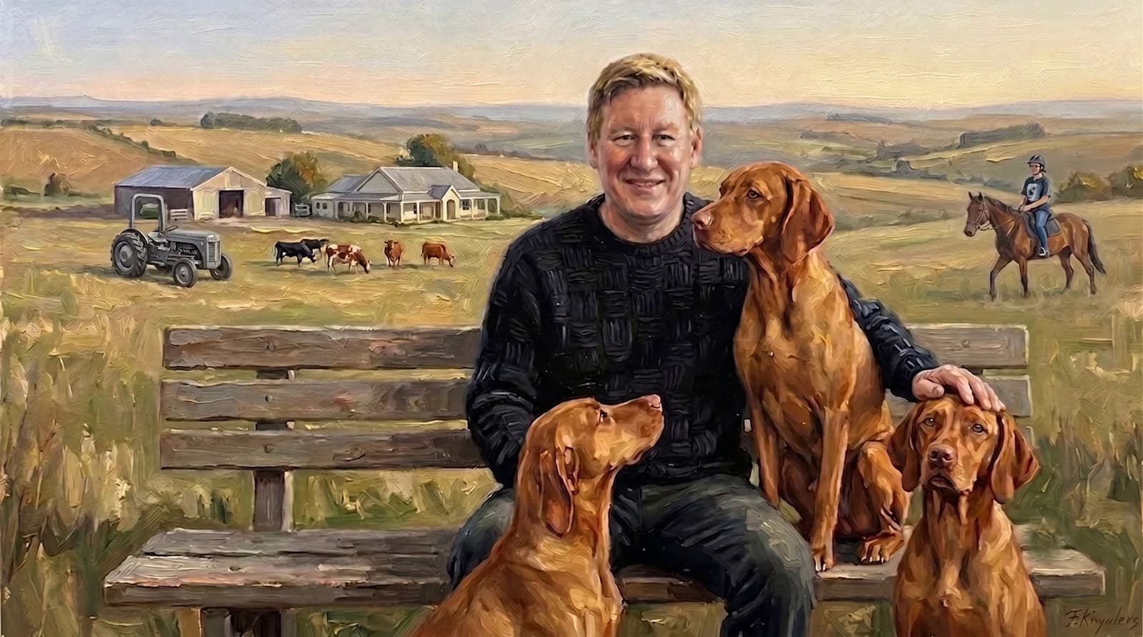 A painted portrait of Regan McKay sitting on a bench with his three vizslas, with a farmhouse, cattle, a tractor and rolling farmland behind him.