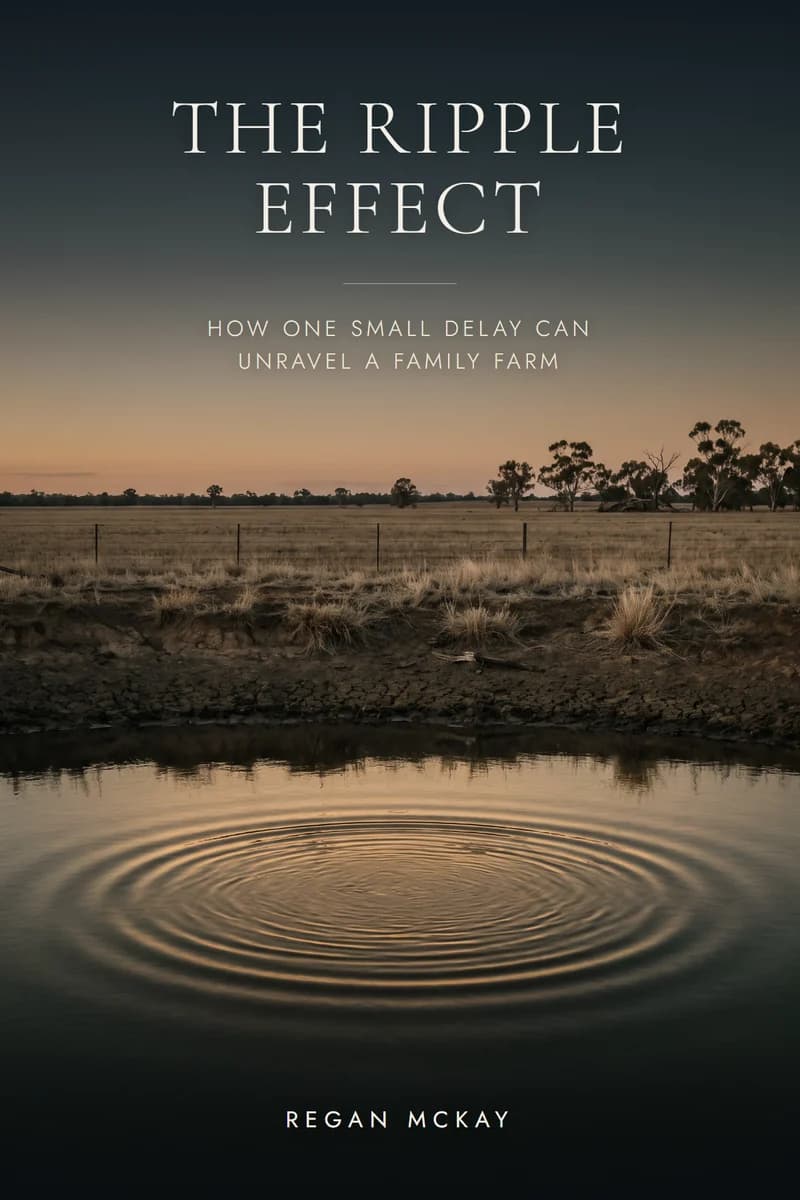The cover of The Ripple Effect by Regan McKay: a ripple spreading across a dam at dusk, with dry paddocks and gum trees beyond.