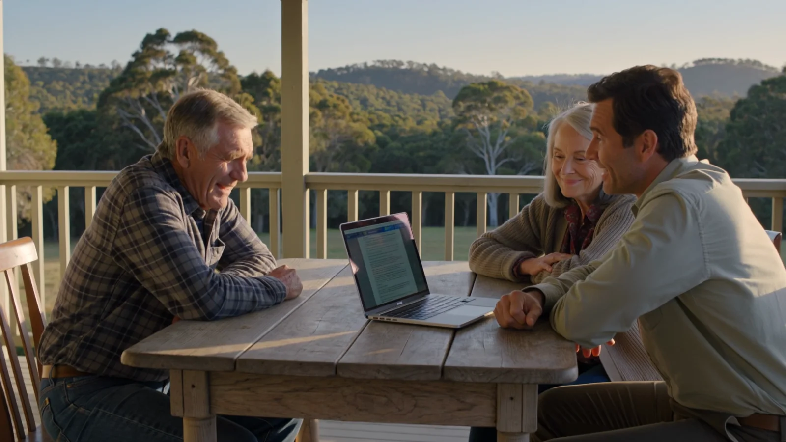 An adviser sitting at an outdoor table with an older farming couple, a laptop open between them, mid-conversation.