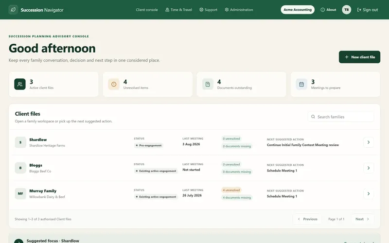 Reseller client console screen in Succession Navigator — Every client journey, visible at a glance. Illustrative demonstration data.