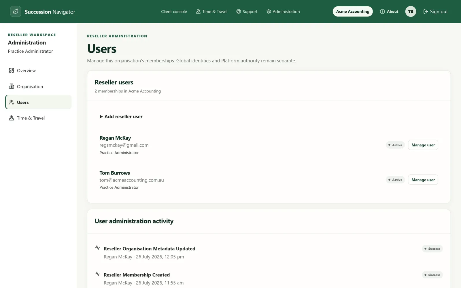 Users and access screen in Succession Navigator — Give the right people the right level of access. Illustrative demonstration data.