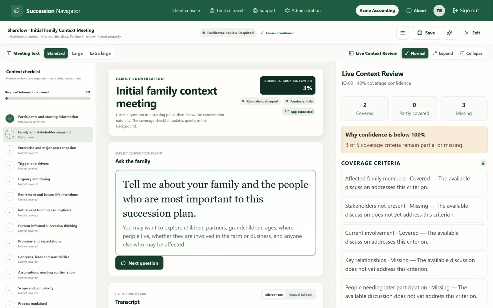 Normal meeting review screen in Succession Navigator — Balance the conversation, transcript and live guidance. Illustrative demonstration data.