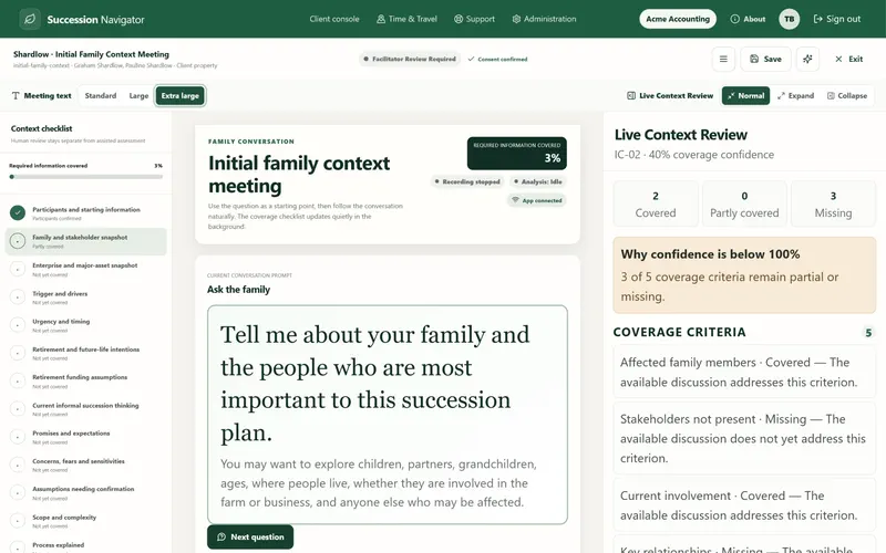 Extra-large meeting text screen in Succession Navigator — Make critical meeting information easier to read. Illustrative demonstration data.