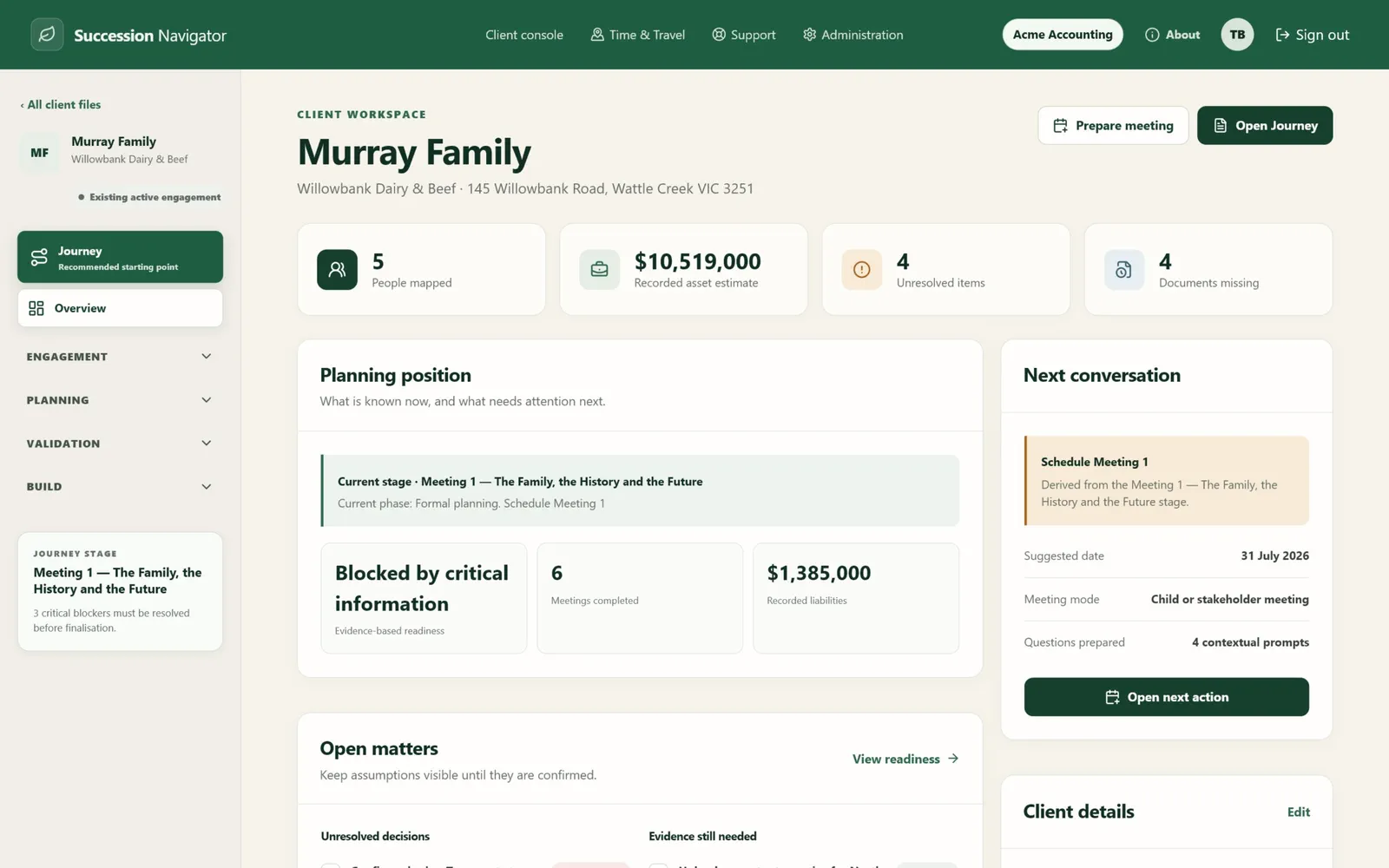 Murray client overview screen in Succession Navigator — Turn a complex family file into a clear working picture. Illustrative demonstration data.