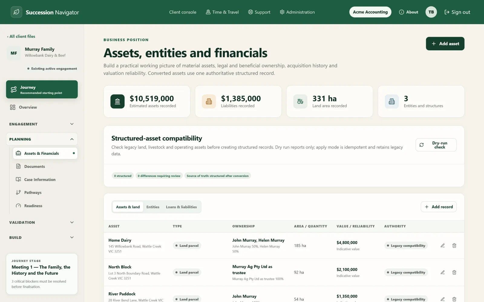 Murray assets and financials screen in Succession Navigator — Bring assets, ownership and debt into one professional register. Illustrative demonstration data.