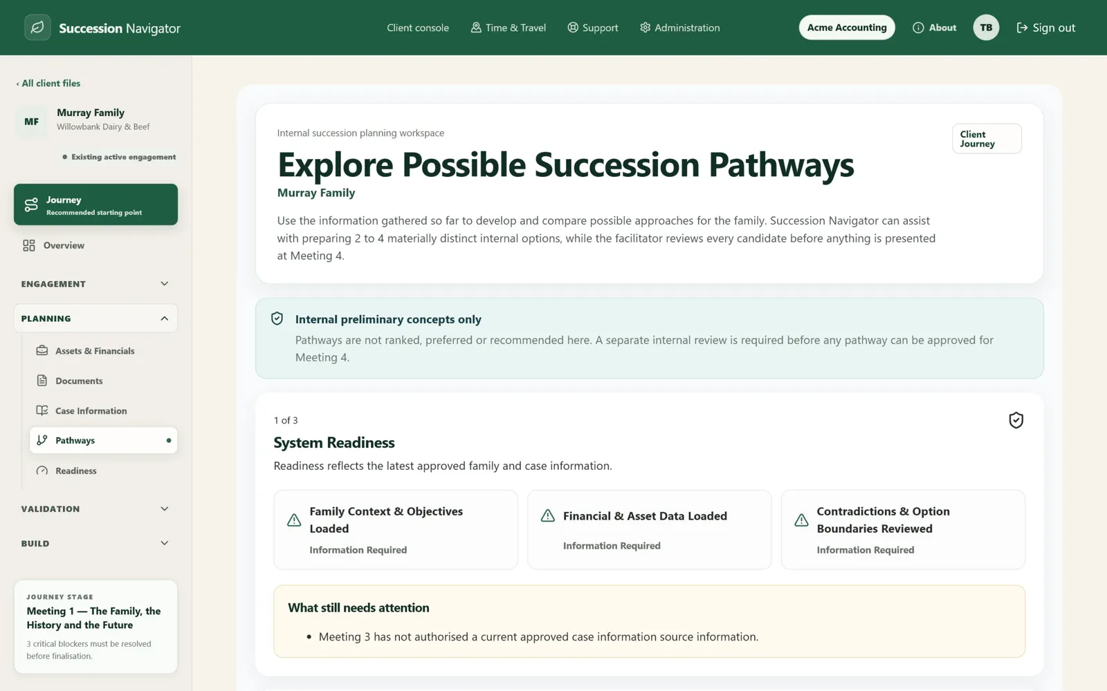 Murray pathway development screen in Succession Navigator — Explore genuinely different succession pathways. Illustrative demonstration data.