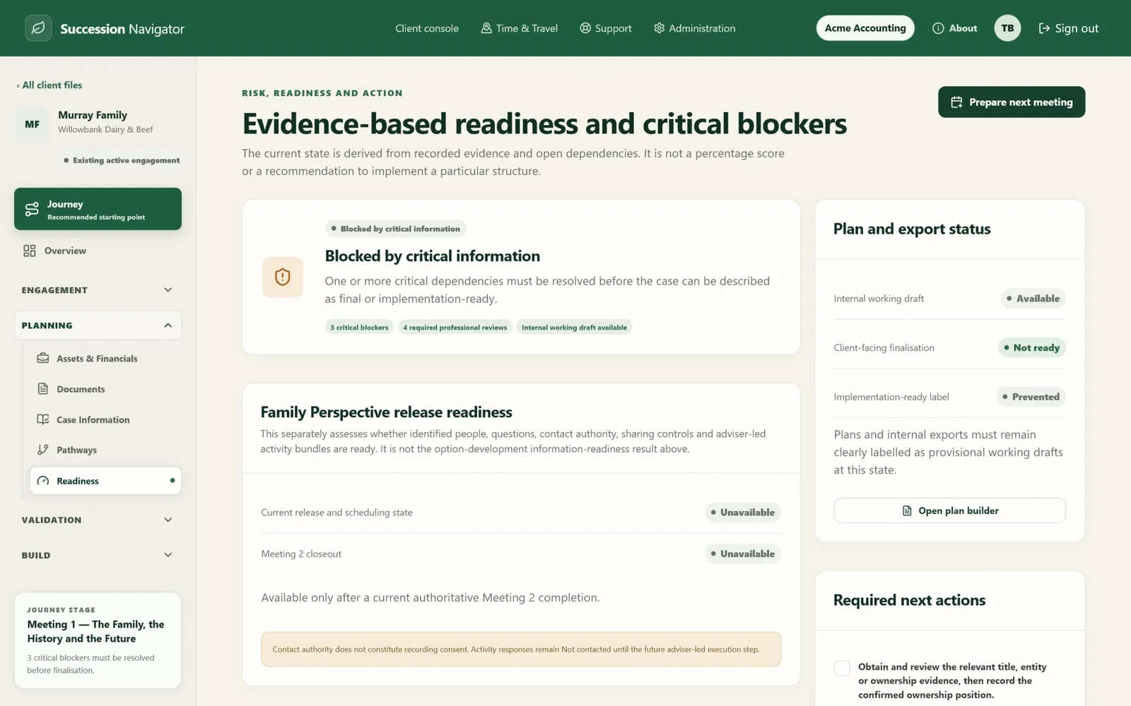Murray readiness screen in Succession Navigator — Make critical blockers impossible to overlook. Illustrative demonstration data.