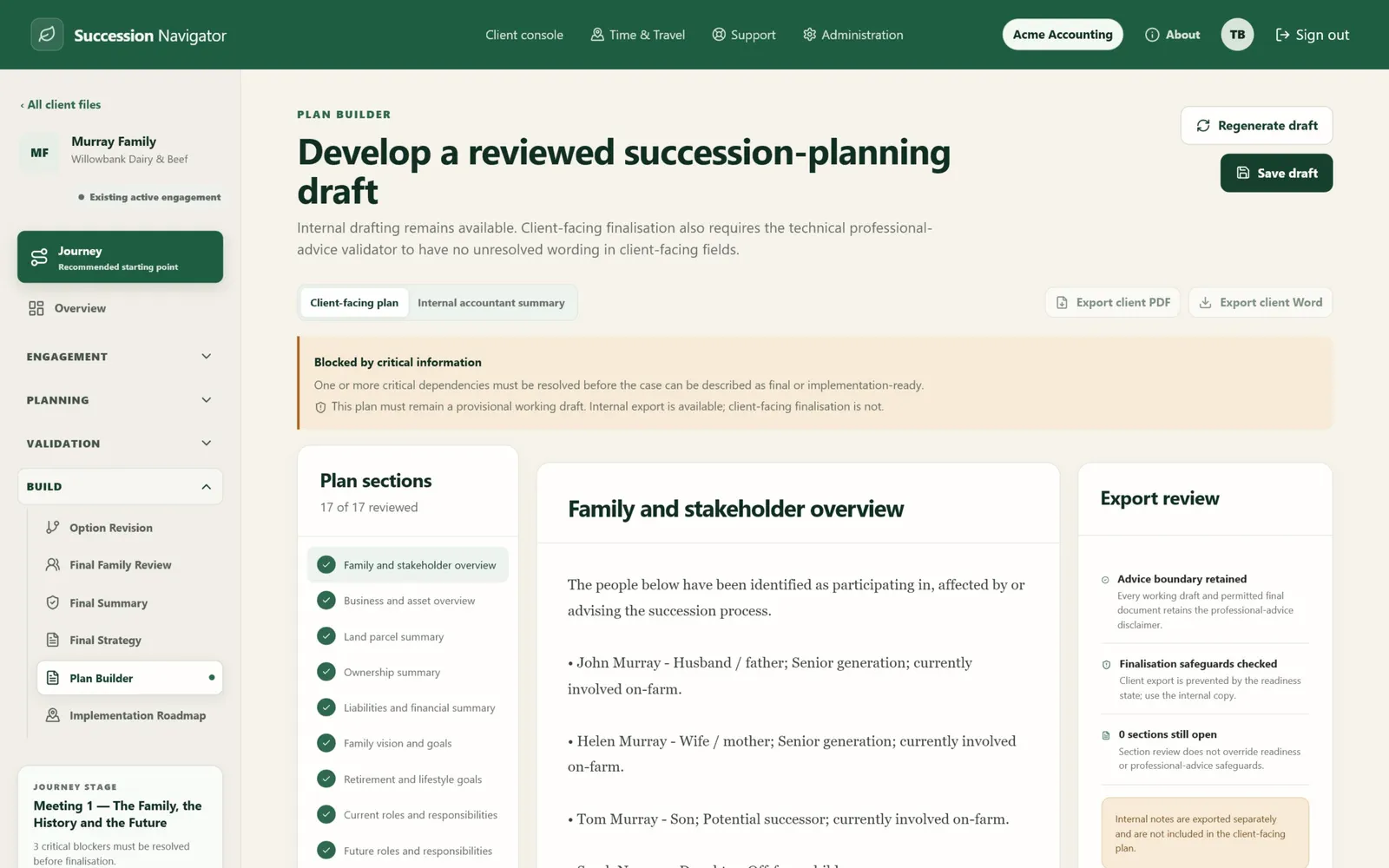 Murray planning draft screen in Succession Navigator — Build a traceable succession-planning draft. Illustrative demonstration data.