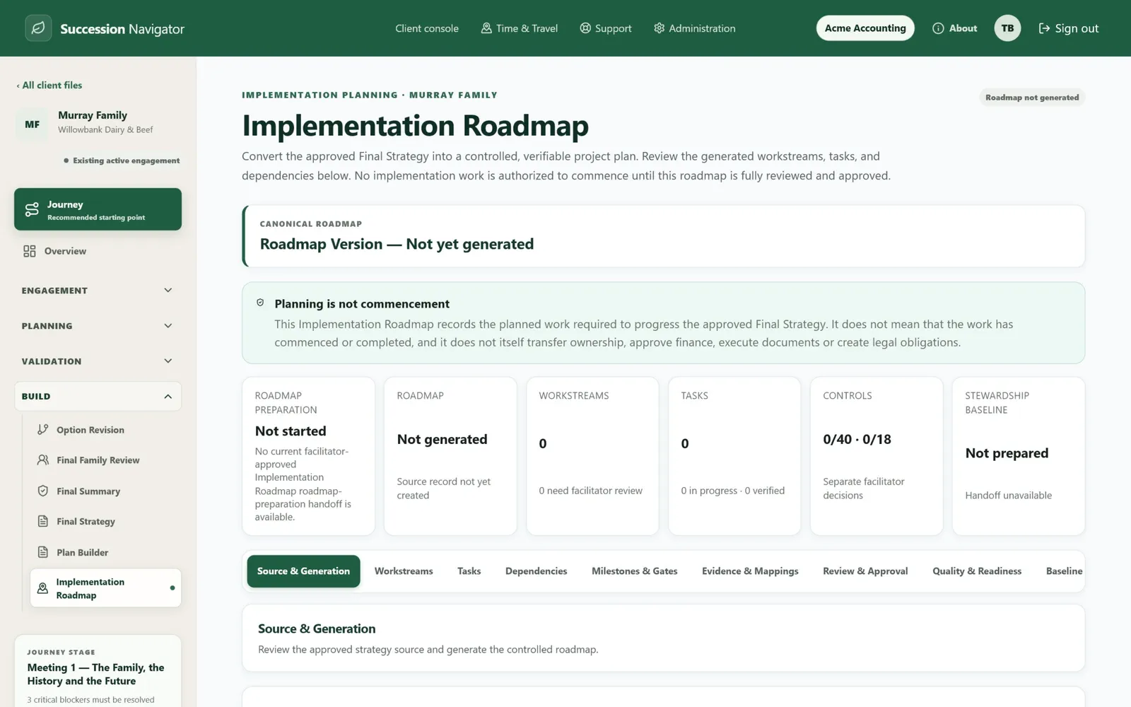 Murray implementation roadmap screen in Succession Navigator — Convert strategy into a practical implementation roadmap. Illustrative demonstration data.