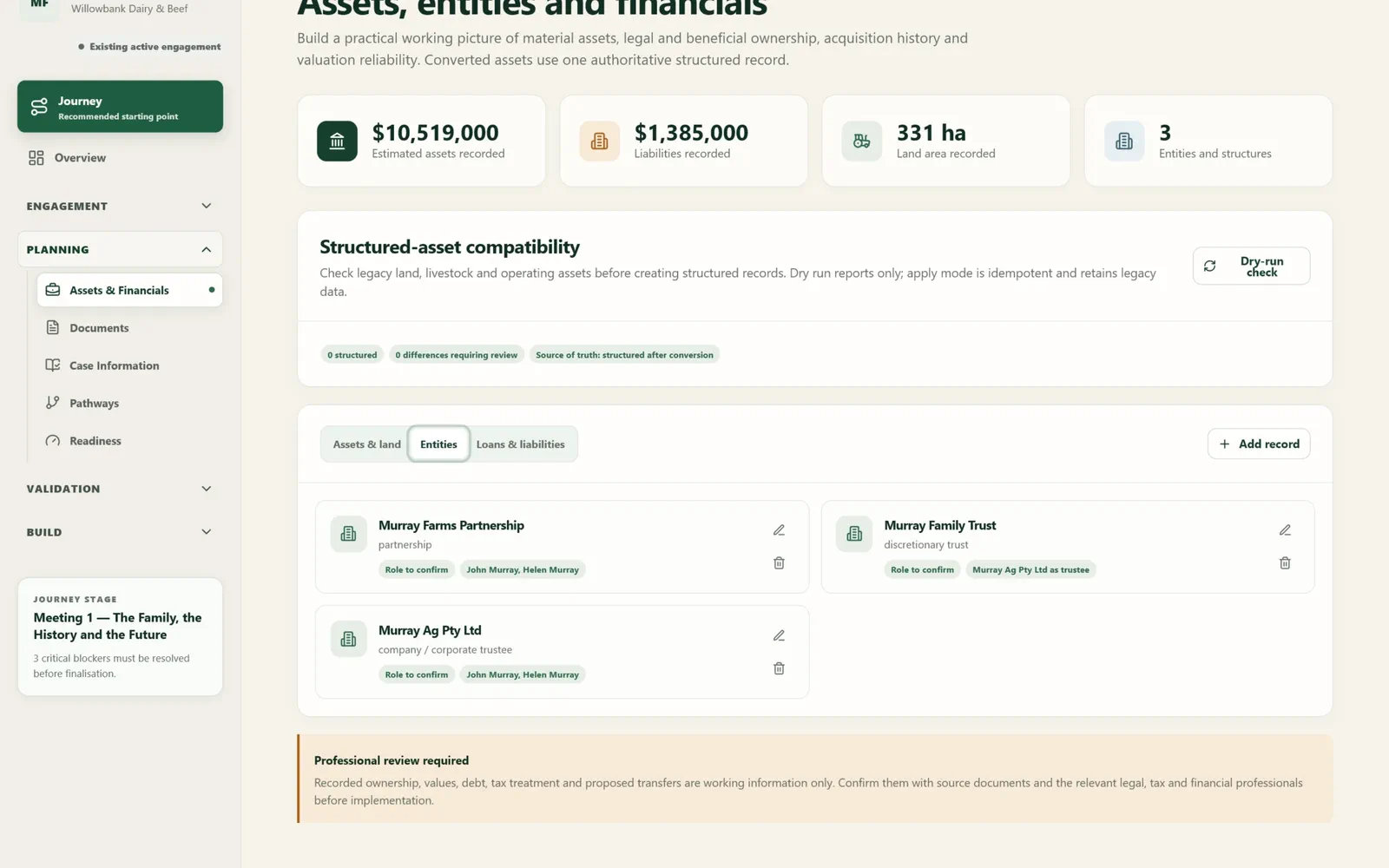 Murray entities register screen in Succession Navigator — Understand the entities behind the family enterprise. Illustrative demonstration data.