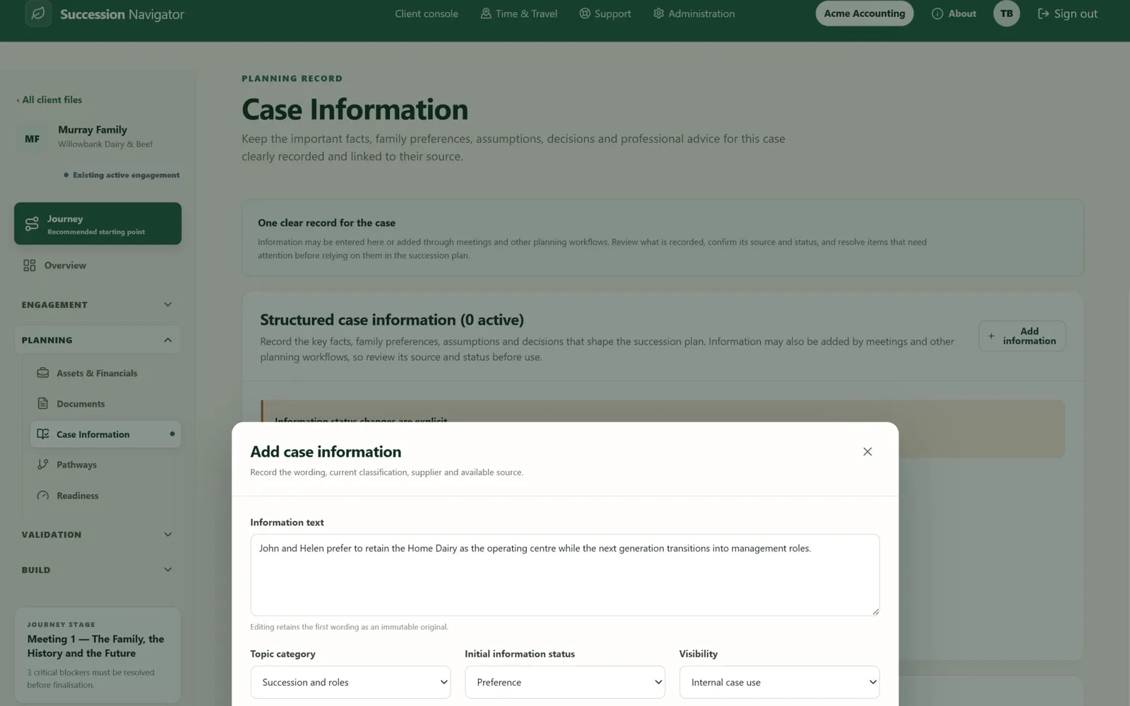 Murray add case information screen in Succession Navigator — Add case information with its meaning and source intact. Illustrative demonstration data.