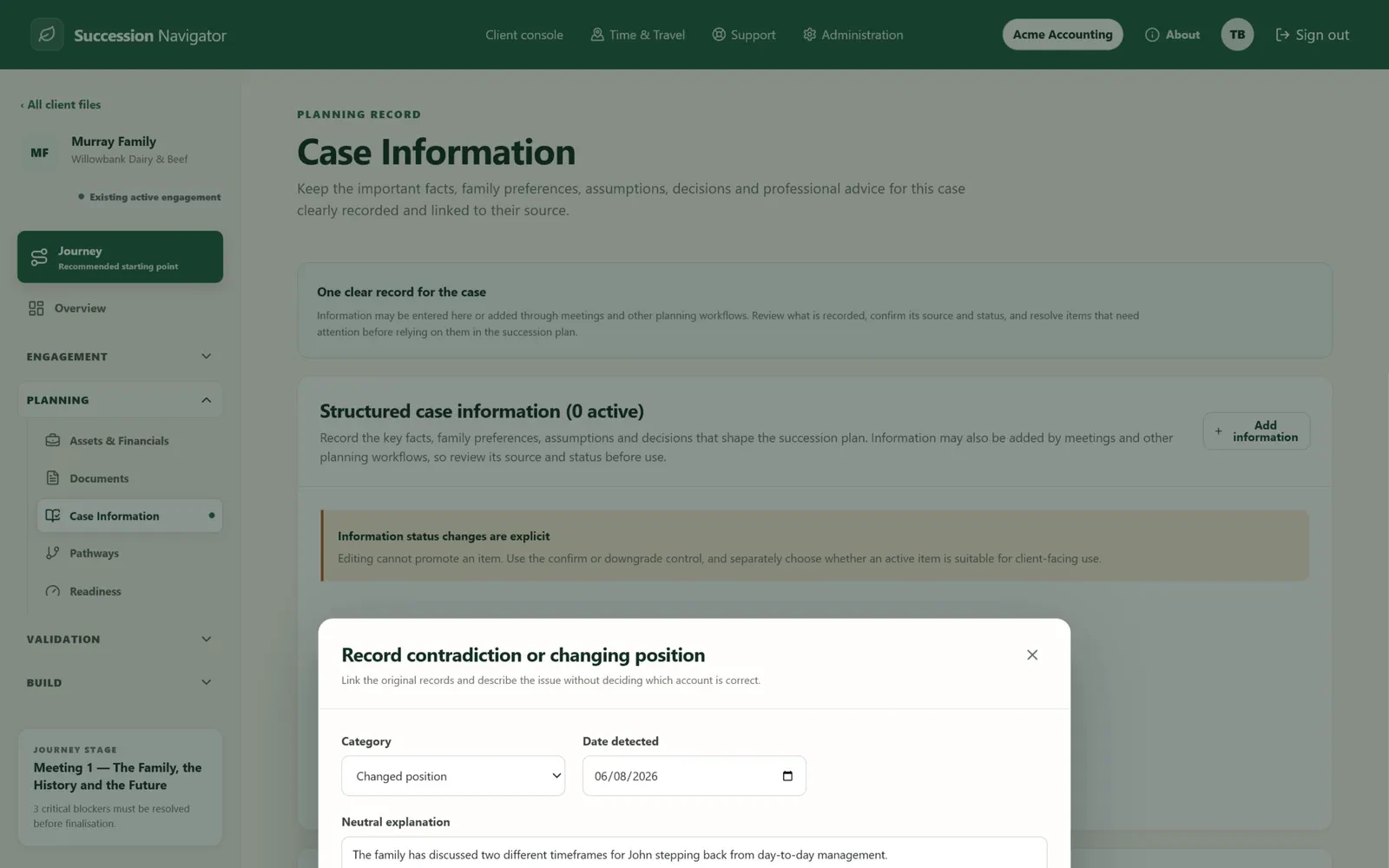 Murray record misalignment screen in Succession Navigator — Record changed or conflicting information transparently. Illustrative demonstration data.