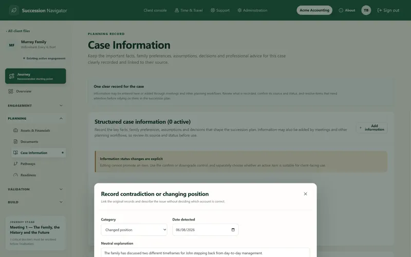 Murray record misalignment screen in Succession Navigator — Record changed or conflicting information transparently. Illustrative demonstration data.