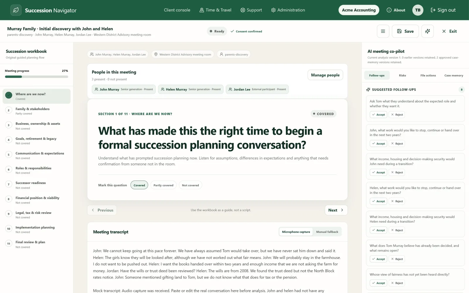 Murray analysed discovery meeting screen in Succession Navigator — Turn a discovery conversation into useful planning insight. Illustrative demonstration data.