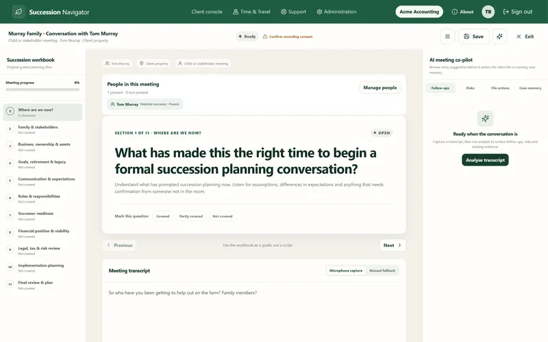 Murray transcribed stakeholder meeting screen in Succession Navigator — Preserve stakeholder conversations as part of the family record. Illustrative demonstration data.