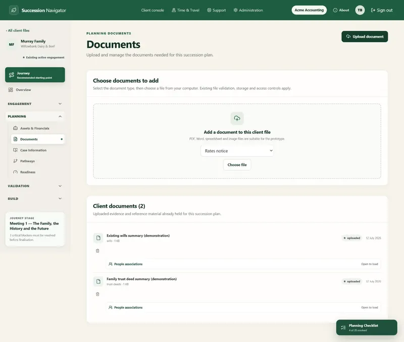 Complete Murray document library screen in Succession Navigator — See the complete evidence workflow on one page. Illustrative demonstration data.