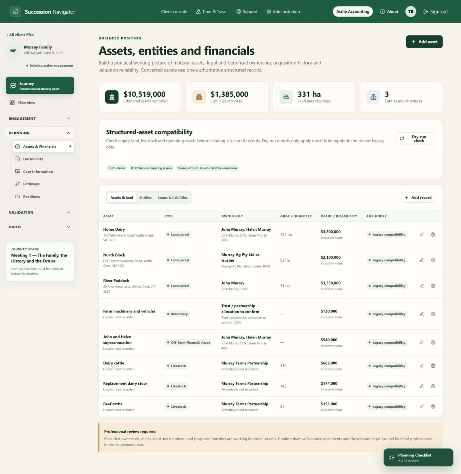 Complete Murray asset register screen in Succession Navigator — Review the complete asset and financial picture. Illustrative demonstration data.