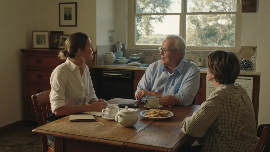 A professional adviser sitting at a farmhouse kitchen table with an older farming couple in warm afternoon light, tea and biscuits on the table and her notebook and phone set to one side.