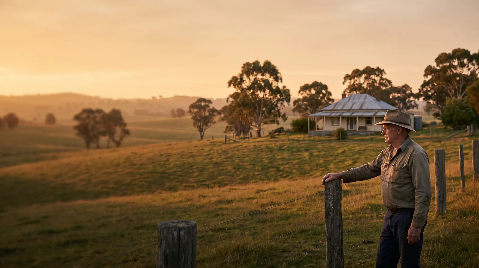 An older Australian farmer standing at a fence line at golden hour, looking out over rolling paddocks with a weatherboard farmhouse and gum trees in the distance.