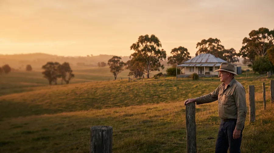 An older Australian farmer standing at a fence line at golden hour, looking out over rolling paddocks with a weatherboard farmhouse and gum trees in the distance.