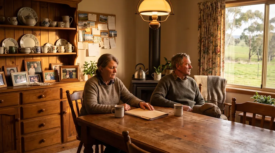 An older farming couple sitting at a table in a warm farmhouse kitchen with mugs of tea and a closed folder of paperwork between them, a dresser of crockery and framed family photographs behind them.