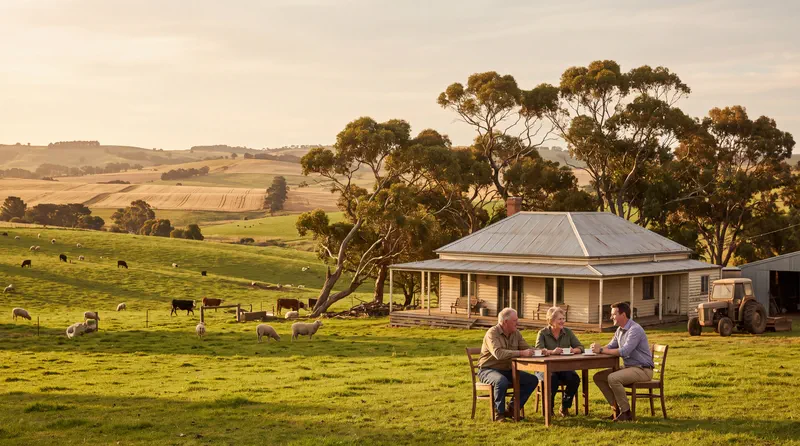 An adviser sharing tea with an older farming couple at a table outside a weatherboard farmhouse, with sheep, cattle and cropped paddocks rolling away behind them.