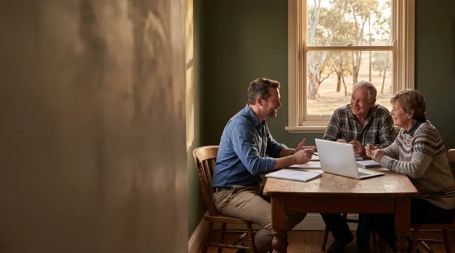 An accountant sitting at a farmhouse kitchen table with an older farming couple, papers and a laptop between them.