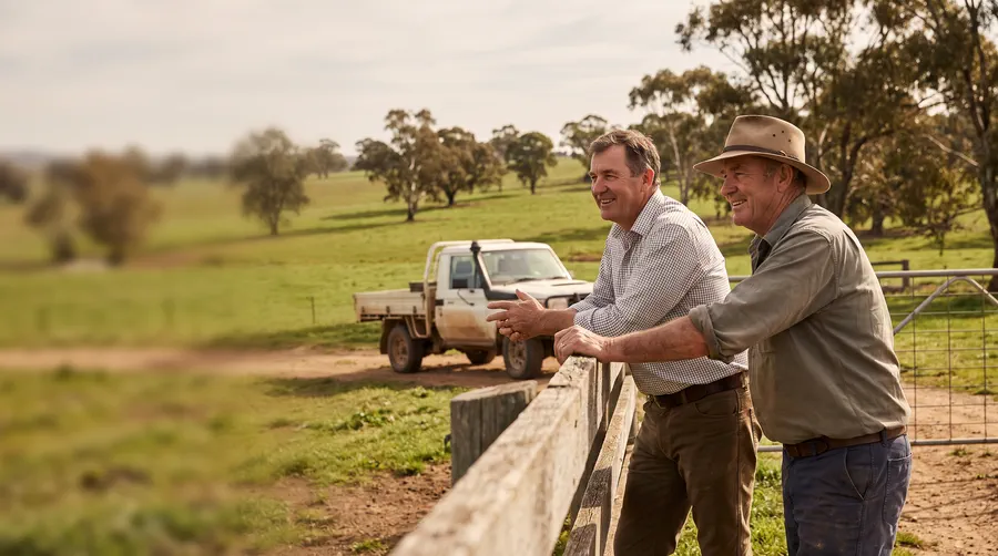 An agricultural consultant and a farmer leaning on a fence, looking out over green Australian paddocks.