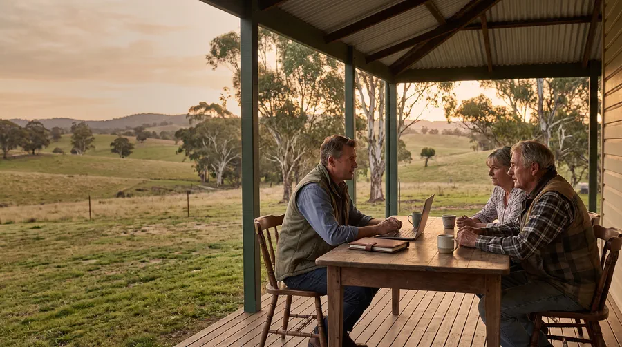 A financial planner sitting with a farming couple at an outdoor table on a farmhouse veranda, paddocks behind them.