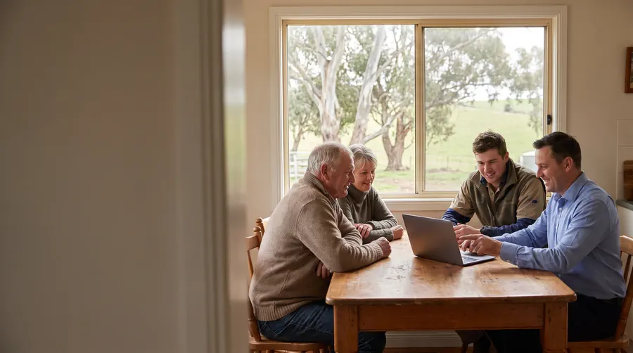 A mortgage broker at a farmhouse kitchen table with an older farming couple and their adult child, a laptop open between them.