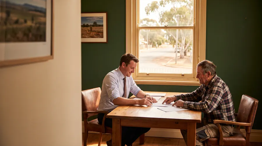 A solicitor in a shirt and tie reviewing documents across a table with a farming client in a regional law office.